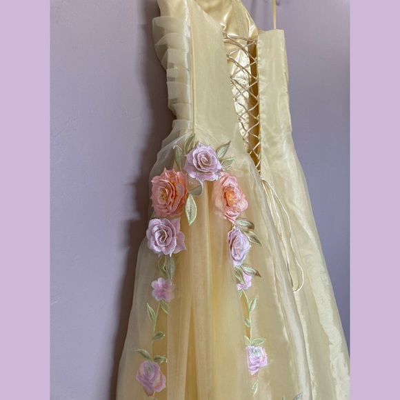 Night Moves | Yellow Ball Gown Prom Dress Corset Lace Up Back 3D Rose Appliqués - Picture 6 of 12